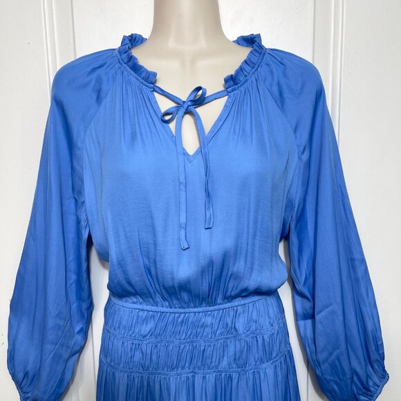 Loft Long-Sleeve Elastic Waist Mini Dress With Tie Neck in Blue Size 2 - Picture 4 of 6